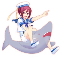 Rule 34 | 10s, 1boy, aged down, blush, child, fang, free!, full body, hat, male focus, matsuoka rin, mo (nmnme), red eyes, red hair, sailor, sailor hat, shark, short hair, shorts, simple background, smile, white background
