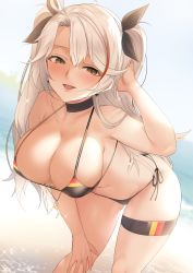 Rule 34 | 1girl, absurdres, antenna hair, azur lane, bare shoulders, bikini, black bikini, black choker, black ribbon, blush, breasts, brown eyes, choker, cleavage, collarbone, commentary, earrings, english commentary, flag print, german flag bikini, hair between eyes, hair ribbon, half-closed eyes, hand in own hair, hand up, highres, jewelry, jun project, large breasts, leaning forward, long hair, looking at viewer, multicolored hair, navel, open mouth, outdoors, prinz eugen (azur lane), prinz eugen (unfading smile) (azur lane), ribbon, side-tie bikini bottom, silver hair, smile, solo, standing, streaked hair, swept bangs, swimsuit, thigh strap, two side up, very long hair