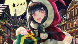 Rule 34 | 1girl, ahoge, artist name, bow, box, brown eyes, brown hair, building, capelet, christmas, christmas lights, cloak, commentary, d.va (overwatch), dated, dress, facepaint, facial mark, full moon, fur trim, gift, gift box, highres, holding, hood, hood up, hooded cloak, husky (user ckra4535), lamppost, long hair, looking at viewer, making-of available, mecha, meka (overwatch), merry christmas, moon, night, open mouth, overwatch, overwatch 1, pom pom (clothes), red dress, reindeer, robot, santa costume, signature, silhouette, sleigh, smile, snow, snowing, solo, town, whisker markings, window