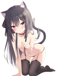 Rule 34 | 1girl, all fours, animal ear fluff, animal ears, areola slip, bare arms, bare shoulders, black hair, black panties, black thighhighs, breasts, cat ears, cat girl, cat tail, choker, cleavage, closed mouth, collarbone, garter straps, hair ribbon, highres, kamu (geeenius), long hair, looking at viewer, no shoes, original, panties, paw pose, red choker, red eyes, ribbon, simple background, slit pupils, small breasts, solo, string panties, tail, tail raised, thighhighs, topless, underwear, very long hair, white background