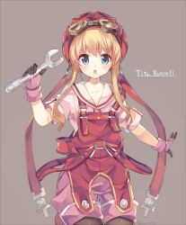 Rule 34 | 1girl, :o, blonde hair, blue eyes, brown gloves, character name, eiyuu densetsu, falcom, gloves, goggles, goggles on head, goggles on headwear, helmet, holding, holding wrench, long hair, looking at viewer, multicolored clothes, multicolored gloves, overalls, pants, pants rolled up, pink gloves, red headwear, red overalls, rento (rukeai), sailor collar, solo, sora no kiseki, tita russell, wrench