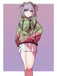 Rule 34 | 1girl, absurdres, commission, dress, eien project, eyes visible through hair, green eyes, hand on own hip, highres, hood, hoodie, knees, looking at viewer, nose, purple hair, shirt, short hair, simple background, skirt, smug, solo, thighs, virtual youtuber, zumi dokumi