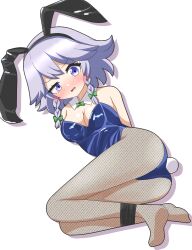 1girl :s animal_ear_headband animal_ears arms_behind_back black_pantyhose blue_eyes blue_leotard blush bound_ankles bow braided_sidelock breasts collar commentary_request fake_animal_ears fake_tail fishnet_pantyhose fishnets green_bow grey_hair highres izayoi_sakuya leotard looking_up low-tied_sidelocks lying medium_breasts no_shoes nose_blush on_side open_mouth pantyhose playboy_bunny rabbit_ears rabbit_tail raised_eyebrow short_hair solo strapless strapless_leotard tail thighs touhou white_collar zenji029