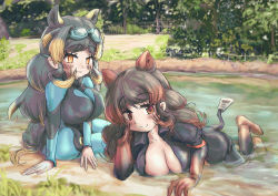 Rule 34 | 2girls, animal ears, black hair, blonde hair, blush, breasts, collarbone, commentary request, day, empty eyes, extra ears, eyelashes, fake tail, goggles, goggles on head, grass, hair intakes, hand rest, head tilt, highres, hippopotamus (kemono friends), hippopotamus ears, hippopotamus gorgops (kemono friends), impossible clothes, impossible jacket, jacket, kemono friends, lake, large breasts, long hair, long sleeves, looking at viewer, lying, multicolored eyes, multicolored hair, multiple girls, on stomach, outdoors, pants, parted lips, partially submerged, red eyes, red hair, sand, shoes, sitting, smile, tail, teriiman, twisted torso, very long hair, water, yellow eyes, zipper pull tab