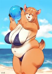 Rule 34 | 1girl, :3, animal ears, arms up, artist name, ball, beach, beachball, bebebe, belly, bikini, blue sky, blurry, blurry background, blush, breasts, brown hair, cameltoe, cleavage, closed eyes, cloud, day, female focus, furry, furry female, hair between eyes, happy, holding, hooves, horizon, huge breasts, long hair, navel, no humans, ocean, open mouth, original, outdoors, plump, purple bikini, sand, shiny clothes, signature, skindentation, sky, smile, solo, standing, swimsuit, tail, thick thighs, thighs