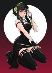 Rule 34 | 1girl, absurdres, aobito sukoyaka bystander, black dress, black hair, boots, breasts, cleavage, dagger, dress, gold hairband, hairband, high heel boots, high heels, highres, holding, holding weapon, kneeling, knife, large breasts, looking at viewer, medium breasts, panties, panty peek, parted lips, red eyes, sidelocks, solo, spy x family, stiletto (weapon), thigh boots, underwear, weapon, yor briar