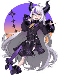 Rule 34 | 1girl, :d, ahoge, bad id, bad pixiv id, black dress, black footwear, boots, braid, braided bangs, commentary request, demon horns, dress, fangs, full body, grey hair, hair between eyes, highres, hololive, horns, kayanogura, la+ darknesss, long sleeves, looking at viewer, multicolored hair, open mouth, purple hair, shoe soles, single thighhigh, smile, solo, streaked hair, thighhighs, thighhighs under boots, virtual youtuber, wide sleeves, yellow eyes