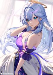 Rule 34 | 1girl, aqua eyes, bare shoulders, blue choker, blue hair, breasts, choker, cleavage, commentary, detached sleeves, dress, earrings, facial mark, hair intakes, hand in own hair, hand up, head wings, helloimtea, highres, honkai: star rail, honkai (series), jewelry, large breasts, long hair, looking at viewer, purple dress, robin (honkai: star rail), short sleeves, smile, solo, strapless, strapless dress, two-tone dress, upper body, very long hair, white dress, wings