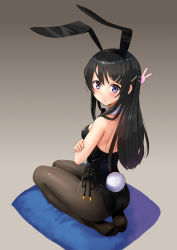 Rule 34 | 10s, 1girl, animal ears, ass, bare shoulders, black hair, black leotard, black pantyhose, blush, bow, bowtie, breasts, commentary request, crossed arms, cushion, detached collar, fake animal ears, female focus, from behind, full body, gradient background, grey background, grey eyes, hair ornament, hairclip, katahira masashi, leotard, long hair, looking at viewer, looking back, medium breasts, no shoes, pantyhose, playboy bunny, rabbit ears, rabbit tail, sakurajima mai, seishun buta yarou, seiza, simple background, sitting, solo, strapless, strapless leotard, tail