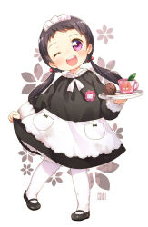Rule 34 | 1girl, ;d, apron, black hair, blush, child, cup, dirty, dirty clothes, full body, hair bobbles, hair ornament, kito (sorahate), long hair, looking at viewer, low twintails, maid, maid apron, maid headdress, mary janes, mudball, one eye closed, open mouth, original, pantyhose, purple eyes, shoes, simple background, smile, solo, tray, twintails, waist apron, white background, white pantyhose