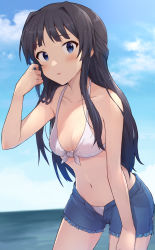 Rule 34 | 1girl, absurdres, bikini, bikini under clothes, black hair, blue eyes, blue shorts, blue sky, breasts, cloud, collarbone, commentary request, commission, cutoffs, day, denim, denim shorts, front-tie bikini top, front-tie top, highres, idolmaster, idolmaster million live!, long hair, looking at viewer, medium breasts, mogami shizuka, navel, ocean, open clothes, open fly, open shorts, pixiv commission, short shorts, shorts, shuucream (syuichi), sky, solo, standing, stomach, swimsuit, water, white bikini