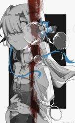 Rule 34 | 1girl, artist name, blood, blood in hair, blood on clothes, blood on face, blue flower, blue hair, bubble, cleavage cutout, clenched hand, clothing cutout, commentary request, dated, floating hair, flower, greyscale, hair flower, hair ornament, hair over one eye, high collar, highres, isekai joucho, juliet sleeves, kamitsubaki studio, long hair, long sleeves, looking away, monochrome, multicolored hair, ninegris, o-ring, outside border, own hands together, parted lips, puffy sleeves, refraction, shrug (clothing), sidelocks, sideways glance, solo, spot color, streaked hair, upper body, virtual youtuber, white hair