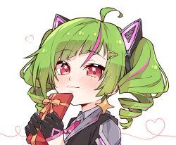 Rule 34 | 1girl, ahoge, animal ear headphones, animal ears, black gloves, blush, box, cat ear headphones, closed mouth, commentary, delutaya, diagonal bangs, drill hair, earrings, english commentary, fake animal ears, gift, gift box, gloves, green hair, hair ornament, hairclip, half gloves, headphones, heart, heart of string, highres, holding, holding gift, indie virtual youtuber, jewelry, kukie-nyan, long hair, looking at viewer, multicolored hair, pink hair, red eyes, smile, solo, star (symbol), star earrings, streaked hair, triangle hair ornament, twin drills, twintails, valentine, virtual youtuber, wide sleeves