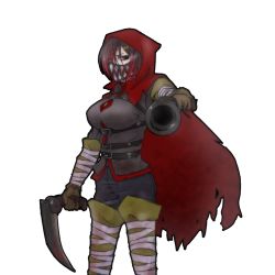 Rule 34 | 1girl, bandaged arm, bandaged leg, bandages, belt, black hair, boots, cloak, covered mouth, eyeball hair ornament, gloves, gun, holding, holding gun, holding scythe, holding weapon, hood, hooded cloak, huyusaki taiga, little red riding hooded mercenary, lobotomy corporation, mask, mouth mask, multicolored hair, multiple belts, one eye closed, personification, pointing gun, print mask, project moon, red hair, scar, scar on face, scythe, short hair, solo, teeth print, thigh boots, torn cloak, torn clothes, two-tone hair, weapon, yellow eyes