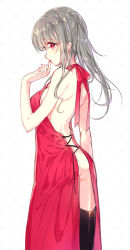 Rule 34 | 1girl, arm at side, ass, back, backless dress, backless outfit, bad id, bad pixiv id, bare arms, bare back, bare shoulders, black thighhighs, blush, brown hair, cowboy shot, dress, evening gown, finger to mouth, from behind, halterneck, long hair, looking afar, looking away, looking back, nail polish, open clothes, open dress, original, pf, profile, red dress, red eyes, red nails, red ribbon, ribbon, shoulder blades, simple background, sketch, solo, standing, strap gap, thighhighs, white background