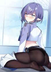 Rule 34 | 1girl, aoi (blue archive), ass, belt, black pantyhose, blue archive, blue eyes, blurry, blush, commentary request, ddolggol, depth of field, from behind, hair between eyes, halo, highres, indoors, long sleeves, looking at viewer, looking back, mole, mole under eye, panties, panties under pantyhose, pantyhose, pointy ears, purple hair, short hair, sidelocks, soles, solo, underwear, window