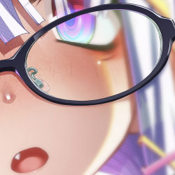Rule 34 | 1girl, black-framed eyewear, blurry, blurry background, blush, close-up, commentary request, depth of field, fang, freckles, glasses, hair between eyes, hair ornament, hairclip, highres, long hair, looking at viewer, nose blush, open mouth, original, polka dot, purple eyes, sakuya tsuitachi, solo, white hair, x hair ornament