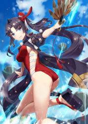 Rule 34 | 1girl, ass, black hair, black jacket, blue eyes, blue sky, blurry, blush, breasts, closed mouth, depth of field, fate/grand order, fate (series), feather fan, gabiran, jacket, jacket over swimsuit, ladder cutout, long hair, looking at viewer, mask, medium breasts, one-piece swimsuit, parted bangs, platform footwear, platform heels, red one-piece swimsuit, side ponytail, sideboob, sideless outfit, sidelocks, sky, smile, solo, swimsuit, tengu mask, thighs, ushiwakamaru (fate), ushiwakamaru (fate/grand order), ushiwakamaru (swimsuit assassin) (fate), ushiwakamaru (swimsuit assassin) (third ascension) (fate), very long hair, water
