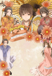 Rule 34 | 1girl, 4boys, adapted costume, ahoge, alternate costume, asia, axis powers hetalia, bad id, bad pixiv id, black hair, blush, brown eyes, brown hair, china (hetalia), chinese clothes, cloud, covering own mouth, dragon, dress, empty eyes, flower, hair flower, hair ornament, hanbok, hands in opposite sleeves, hat, hong kong (hetalia), indian style, japan (hetalia), japanese clothes, kimono, korea (hetalia), korean clothes, lion dance, long hair, long skirt, long sleeves, looking at viewer, marimo hen, multiple boys, oil-paper umbrella, own hands together, pink dress, ponytail, shishimai, sitting, skirt, sleeves past wrists, taiwan (hetalia), umbrella, wide sleeves