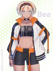 Rule 34 | 1girl, abs, alternate costume, arm at side, bea (pokemon), belt, bike shorts, black choker, blonde hair, buttons, character name, choker, closed mouth, collarbone, commentary, cowboy shot, creatures (company), eyelashes, game freak, grey eyes, hairband, highres, jacket, kana (kanna runa0620), looking at viewer, midriff, navel, nintendo, open clothes, open jacket, orange belt, pokemon, pokemon swsh, short hair, solo, twitter username, zipper, zipper pull tab