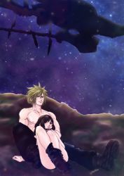 Rule 34 | 1boy, 1girl, absurdres, aircraft, airship, black hair, blonde hair, blue eyes, boots, cloud strife, couple, final fantasy, final fantasy vii, final fantasy vii remake, full body, highres, highwind, legs, long hair, night, night sky, outdoors, pants, red eyes, sitting, sitting on lap, sitting on person, sky, smile, socks, spiked hair, square enix, star (sky), starry sky, tifa lockhart, tomtom, topless male