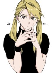 Rule 34 | 1girl, absurdres, alternate hairstyle, black shirt, blonde hair, brown eyes, commentary request, ear piercing, earrings, eyelashes, finger to own chin, fullmetal alchemist, hair between eyes, highres, jewelry, lips, long hair, long tail, looking at viewer, ozaki (tsukiko3), piercing, riza hawkeye, shirt, short sleeves, simple background, solo, steepled fingers, tail, twintails, upper body, white background, wristband