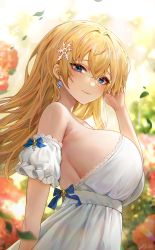 Rule 34 | 1girl, absurdres, alternate costume, alternate hair length, alternate hairstyle, blonde hair, blue eyes, blue ribbon, blush, breasts, closed mouth, commentary, detached sleeves, dress, earrings, from side, girls&#039; frontline, hair ornament, high-waist dress, high-waist sideboob, high-waist skirt, highres, jewelry, lace, lace-trimmed dress, lace-trimmed sleeves, lace trim, large breasts, long hair, looking at viewer, looking to the side, mole, mole under eye, polla, ribbon, short sleeves, sideboob, skirt, sleeve ribbon, smile, snowflake hair ornament, solo, symbol-only commentary, vsk-94 (girls&#039; frontline), white dress