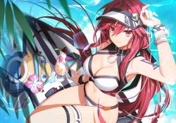 Rule 34 | 1girl, arm up, armpits, bangle, bare shoulders, bikini, black bikini, bracelet, breasts, cleavage, closed mouth, elesis sieghart, from above, glint, grand chase, jewelry, large breasts, long hair, looking at viewer, low ponytail, navel, official art, parfait, red eyes, red hair, shading eyes, shoulder tattoo, sitting, smile, solo, stomach, surfboard, swimsuit, tattoo, thigh strap, thighs, third-party source, two-tone bikini, very long hair, visor cap, watch, water, white bikini, wristwatch
