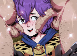 Rule 34 | 1girl, 2boys, bernadetta von varley, blush, clothed female nude male, daga, fat, fat man, fire emblem, fire emblem: three houses, foreskin, looking at another, looking at penis, male pubic hair, multiple boys, nintendo, nude, open mouth, penis, penis on face, phimosis, pubic hair, purple hair, short hair, sparkle, standing, teeth, testicles, uncensored, uniform, upper teeth only