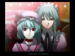 Rule 34 | 2girls, anime coloring, blurry, blurry background, braid, closed mouth, collar, depth of field, english text, expressionless, female focus, frills, hat, izayoi sakuya, looking at viewer, mob cap, multiple girls, red eyes, remilia scarlet, shaded face, short hair, silver hair, stairs, touhou, twin braids, upper body, zou azarashi