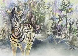 Rule 34 | animal, animal focus, highres, no humans, original, painting (medium), plant, realistic, scenery, traditional media, watercolor (medium), yu grassbird, zebra