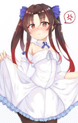 Rule 34 | 10s, 1girl, absurdres, anger vein, bare shoulders, blue bow, blush, bow, brown hair, brown pantyhose, closed mouth, collar, commentary request, detached collar, detached sleeves, dress, fingernails, frilled dress, frills, frown, gradient background, gradient hair, hair between eyes, hair bow, highres, long hair, long sleeves, looking at viewer, multicolored hair, nose blush, pantyhose, parted bangs, polka dot, polka dot background, red eyes, red hair, ribbon, ryuuou no oshigoto!, sidelocks, skirt hold, solo, spoken anger vein, strapless, strapless dress, tiguruvurumudo vuorun, twintails, very long hair, white background, white collar, white dress, white ribbon, yashajin ai