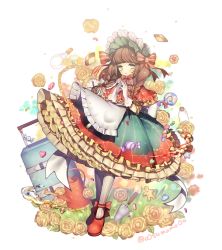 Rule 34 | 1girl, amenosaka nono, ankle bow, ankle ribbon, apron, blunt bangs, bonnet, bottle, bow, braid, brown hair, candy, capelet, chain, checkerboard cookie, cookie, cork, dress, flower, food, frills, gingerbread man, gloves, green eyes, hair bow, hair over shoulder, hat, hat bow, heart, leg ribbon, lolita fashion, lollipop, looking at viewer, original, own hands together, pantyhose, petticoat, pocket watch, red footwear, ribbon, rose, shoes, smile, solo, standing, striped clothes, striped pantyhose, suitcase, trowel, twin braids, twitter username, vertical-striped clothes, vertical-striped pantyhose, watch, watering can, white gloves, yellow flower, yellow rose