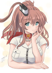 Rule 34 | 1girl, anchor ornament, battle effectiveness award, blue eyes, breast pocket, breasts, brown hair, dress, hair between eyes, high side ponytail, kantai collection, kitagawa mikio, large breasts, long hair, looking at viewer, one-hour drawing challenge, pocket, ponytail, red scarf, saratoga (kancolle), scarf, side ponytail, sidelocks, smokestack hair ornament, solo, upper body, white dress