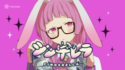 Rule 34 | 1girl, animal ears, artist request, ascot, black-framed eyewear, blush, brooch, cinderella (vocaloid), commentary request, ear down, glasses, highres, holding, holding shoes, jewelry, lapine (polygon project), long sleeves, looking at viewer, official art, pink eyes, pink hair, polygon project, purple ascot, purple background, rabbit ears, second-party source, shoes, solo, song name, star brooch, virtual youtuber, vocaloid, wing collar