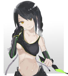 Rule 34 | 1girl, absurdres, alternate eye color, arm sheath, belt, belt pouch, black gloves, black hair, black shorts, braid, breasts, clothes lift, collarbone, crop top, detached sleeves, girls&#039; frontline, gloves, gradient background, green trim, grey background, hair over one eye, hand on own cheek, hand on own face, head tilt, highres, holding, knife, long hair, looking at viewer, low twintails, mac-10 (girls&#039; frontline), medium breasts, midriff, navel, pouch, qkd331, shirt lift, shorts, single glove, smirk, solo, stitches, strap, sweat, thong, twin braids, twintails, underboob, wiping sweat, yellow eyes