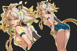 1girl absurdres animal_ears arm_strap ass backless_outfit bare_back bare_shoulders black_background black_collar black_shorts blonde_hair braid collar cutoffs facial_mark genshin_impact green_eyes highres jaguar_ears jaguar_tail kisgnuj long_hair looking_at_viewer multiple_views short_shorts shorts simple_background single_braid standing tail thighs whisker_markings xilonen_(genshin_impact)