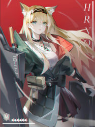 Rule 34 | 1girl, absurdres, animal ear fluff, animal ears, aqua eyes, arknights, black choker, black hairband, black jacket, blonde hair, bracer, character name, chinese commentary, choker, commentary request, cowboy shot, grey shirt, hairband, highres, horn (arknights), jacket, long hair, looking at viewer, madao, parted lips, purple skirt, red background, shield, shirt, skirt, solo, standing, star (symbol), typo, wolf ears