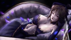 Rule 34 | 1girl, absurdres, black background, blue dress, bow, breasts, bridal gauntlets, brown eyes, brown hair, clothing cutout, commission, couch, draw me like one of your french girls, dress, elbow gloves, gloves, highres, large breasts, looking at viewer, lying, mature female, mizuki shiranui, navel, navel cutout, on couch, on side, open mouth, parody, petals, rose petals, scene reference, short hair, skeb commission, taimanin (series), taimanin rpgx, tellme whoiam, wallpaper, wedding dress