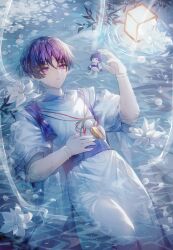Rule 34 | 1boy, detached sleeves, flower, genshin impact, highres, japanese clothes, lantern, lantern on liquid, light, long sleeves, looking at viewer, lying, male focus, open mouth, paper lantern, partially underwater shot, pom pom (clothes), puppet, purple eyes, purple hair, scaramouche (genshin impact), scaramouche (kabukimono) (genshin impact), shirt, short hair, white flower, wide sleeves
