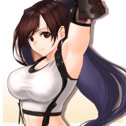 Rule 34 | 1girl, armpits, arms behind head, arms up, breasts, brown hair, commentary request, earrings, elbow pads, final fantasy, final fantasy vii, highres, izawa (bhive003), jewelry, large breasts, long hair, looking at viewer, polka dot, polka dot background, red eyes, shirt, smile, solo, stretching, suspenders, suspenders gap, swept bangs, tank top, taut clothes, taut shirt, tifa lockhart, upper body, white shirt, white tank top