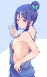Rule 34 | 10s, 1girl, ;), alternate hairstyle, back, blue bow, blue hair, bow, breasts, drop shadow, hair bow, hair bun, hair ornament, hair up, hairpin, highres, kanabun, large breasts, looking at viewer, love live!, love live! sunshine!!, matsuura kanan, naked overalls, no bra, one eye closed, overalls, purple eyes, sideboob, sidelocks, silhouette, single hair bun, smile, solo, standing, upper body, v, wink