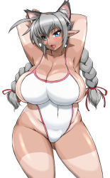 1girl animal_ears armpits arms_behind_head astraea13 blue_eyes braid breasts cat_ears cat_girl dark-skinned_female dark_skin elf female_focus groin huge_breasts long_hair one-piece_swimsuit open_mouth original plump pointy_ears silver_hair simple_background solo standing swimsuit tan tanline thighs twin_braids white_background