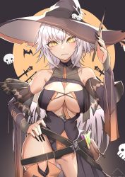 Rule 34 | 1girl, absurdres, bare shoulders, belt, blush, breasts, cleavage, closed mouth, fate/grand order, fate (series), halloween costume, hat, highres, jeanne d&#039;arc (fate), jeanne d&#039;arc alter (avenger) (fate), jeanne d&#039;arc alter (fate), large breasts, looking at viewer, pouch, short hair, silver hair, test tube, thighs, wand, weyas kayur, witch hat, yellow eyes