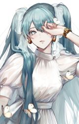Rule 34 | 1girl, absurdres, aqua eyes, aqua hair, blush, bow, breasts, bug, butterfly, butterfly on hand, commentary, covering one eye, dress, earrings, hair between eyes, hair bow, hair ornament, hand up, hatsune miku, highres, insect, jewelry, long hair, looking at viewer, parted lips, pipi, short sleeves, simple background, small breasts, solo, transparent bow, twintails, upper body, vocaloid, watch, white background, white dress