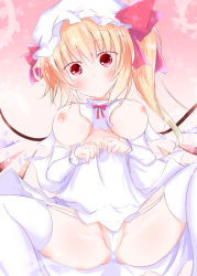 Rule 34 | 1girl, blonde hair, blush, breasts, clothes lift, detached sleeves, dress, dress lift, female focus, flandre scarlet, garter straps, hat, hat ribbon, head tilt, large breasts, long sleeves, looking at viewer, mob cap, nagii yuki, nipples, open clothes, open dress, panties, partially visible vulva, red eyes, ribbon, side ponytail, sitting, solo, spread legs, thighhighs, touhou, underwear, white dress, white panties, white thighhighs, wings