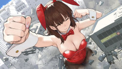 Rule 34 | 1girl, animal ears, bow, bowtie, breasts, brown pantyhose, cancer (zjcconan), city, cleavage, clenched hand, closed eyes, closed mouth, day, destruction, detached collar, fake animal ears, giant, giantess, highres, large breasts, leotard, long hair, original, outdoors, pantyhose, pink nails, playboy bunny, rabbit ears, red bow, red bowtie, red leotard, solo, white wrist cuffs, wrist cuffs