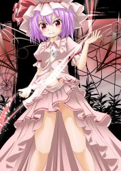 Rule 34 | 1girl, alternate wings, bad id, bad pixiv id, blush, breast padding, clothes lift, female focus, hat, hat ribbon, navel, no panties, open clothes, open shirt, purple hair, red eyes, remilia scarlet, ribbon, shirt, short hair, sicile gloria, silhouette, skirt, skirt lift, skirt set, smirk, solo, touhou, translation request, upskirt, wings
