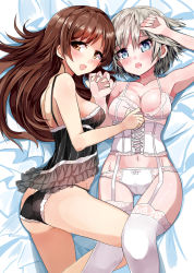 Rule 34 | 10s, 2girls, :d, :o, anastasia (idolmaster), ariaridoradora, arm up, armpits, ass, back, bare arms, bare legs, bare shoulders, bed, blue eyes, breasts, brown eyes, brown hair, butt crack, cleavage, collarbone, corset, embarrassed, female focus, from above, garter straps, highres, idolmaster, idolmaster cinderella girls, legs, lingerie, long hair, looking at viewer, looking back, lying, multiple girls, neck, nitta minami, on back, on side, open mouth, panties, short hair, shy, sideboob, silver hair, smile, thighhighs, underwear, underwear only, yuri