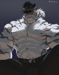 Rule 34 | 1boy, abs, absurdres, animal ears, bara, black headwear, black pants, blush, bulge, cha shao bao du, chinese commentary, commentary request, dated, dislyte, ear piercing, fangs, furry, furry male, highres, jin qiu (ru shou) (dislyte), light, looking at viewer, male focus, muscular, muscular male, pants, pectorals, piercing, ponytail, scar, scar across eye, shadow, tiger boy, tiger ears, tiger stripes, topless male, yellow eyes